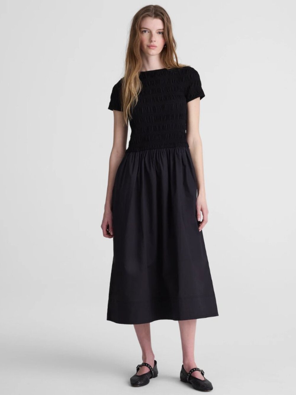 Madewell Black Smocked Boatneck Midi Dress.in Large NWT